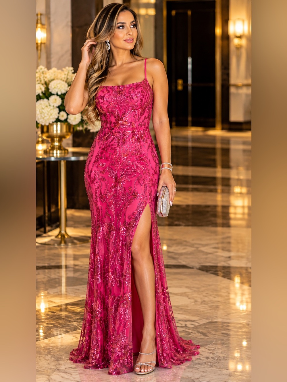 Hot Pink Sequin Lace-Up Formal Maxi Gown Size 2 BNWOT